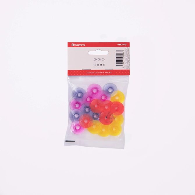 HUSQVARNA® VIKING® Watercolored Bobbins 20-Pack (Pink, Red, Yellow, Dark Blue)