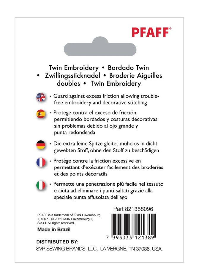 PFAFF® Twin Embroidery Needle 2mm Size 75/11 1-Pack - Image 2